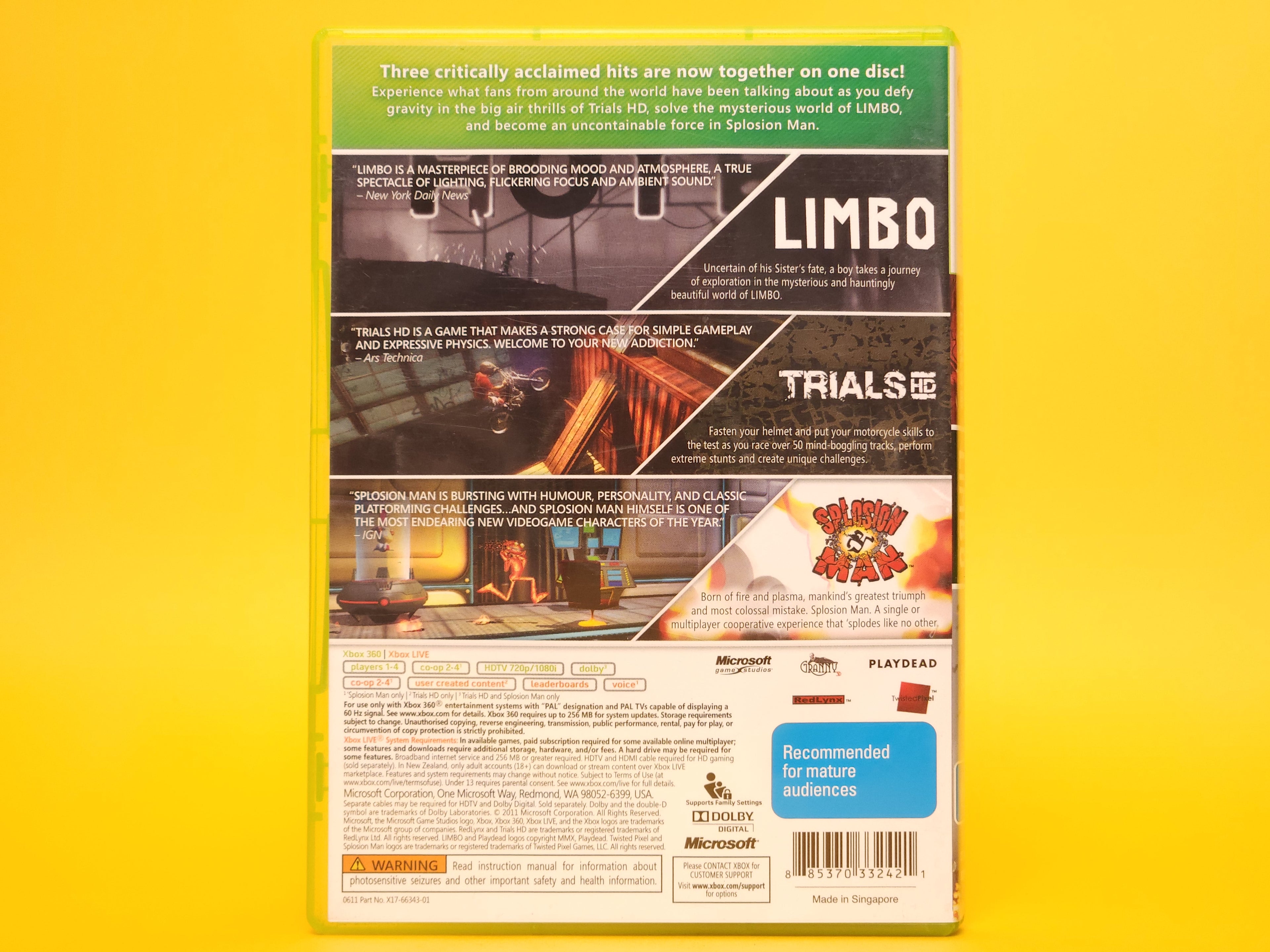 Triple Pack: Trials HD, Limbo, Splosion Man – 2011 Xbox 360